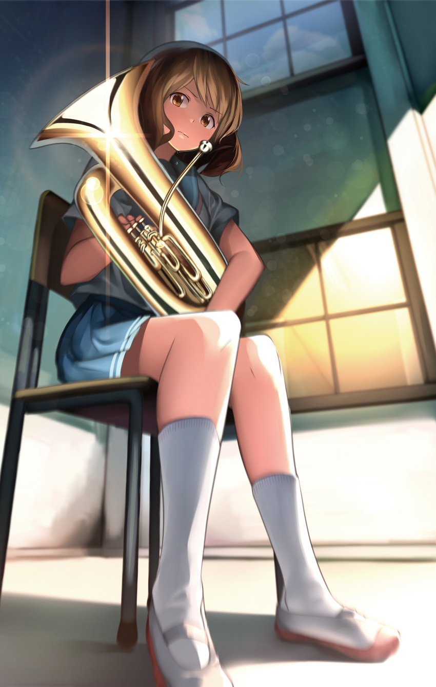 1girl absurdres brown_eyes brown_hair chair dripping from_below gochiwa hibike!_euphonium highres lens_flare oumae_kumiko perspective school_uniform serafuku shine shoes short_hair sitting sweat sweatdrop uwabaki window