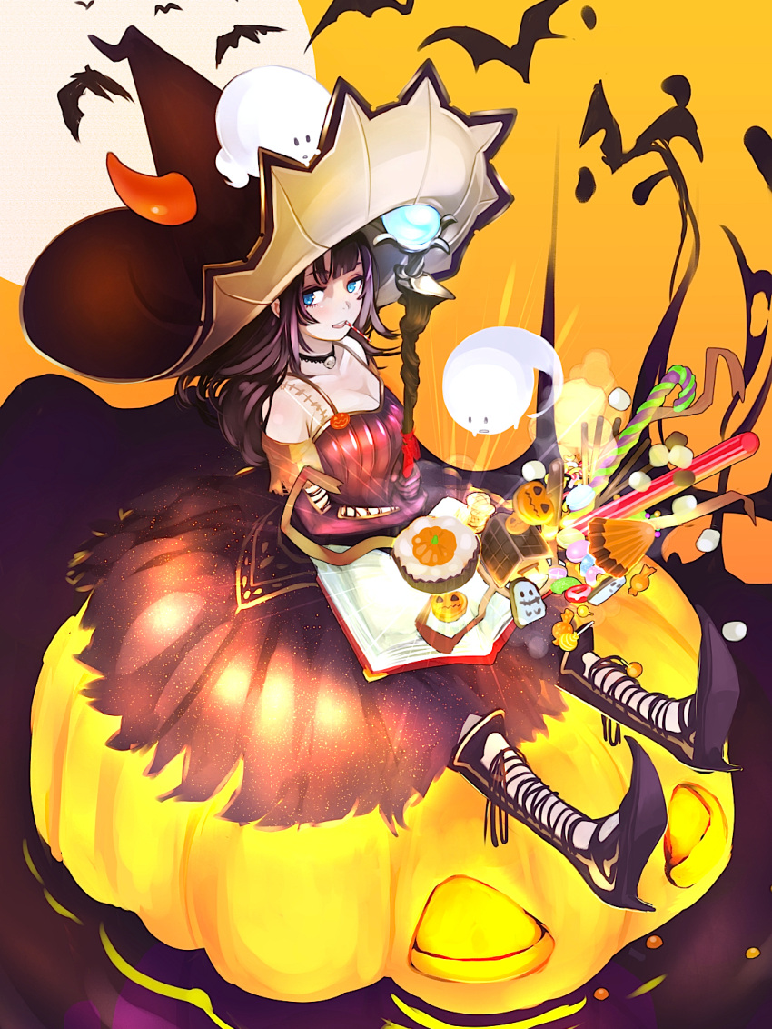 1girl bat black_boots black_skirt blue_eyes book boots candy candy_cane candy_wrapper commentary_request cookie cross-laced_footwear cupcake elbow_gloves food full_moon ghost gloves halloween hat high_heel_boots high_heels highres horned_headwear jack-o'-lantern large_hat lollipop long_hair looking_at_viewer moon mouth_hold natsui_tuna open_mouth orange_background original purple_hair sitting skirt smile solo stitches sweets wand witch witch_hat