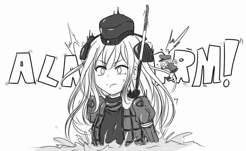 &gt;_&lt; /\/\/\ closed_eyes closed_mouth english eyebrows eyebrows_visible_through_hair fairy_(kantai_collection) hat kantai_collection long_sleeves monochrome motion_lines open_mouth partially_submerged peaked_cap shirt skirt surprised sweatdrop u-511_(kantai_collection) viperxtr water