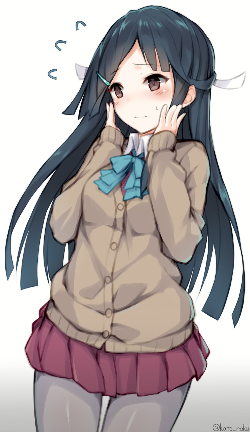1girl absurdres black_hair blush bow bowtie brown_eyes cardigan commentary_request cowboy_shot flying_sweatdrops grey_legwear hair_ornament hairclip hand_on_own_face hayashimo_(kantai_collection) highres kantai_collection katoroku long_hair long_sleeves pantyhose pleated_skirt skirt solo twitter_username