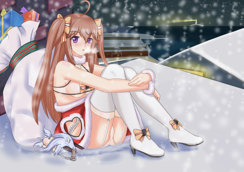 1girl absurdres ahoge boots breasts brown_hair chains cleavage garter_straps gift highres hip_vent leg_hug long_hair panties sack sideboob snow solo thigh-highs thigh_boots twintails underwear vauquelin_(zhan_jian_shao_nyu) violet_eyes wolpe zhan_jian_shao_nyu