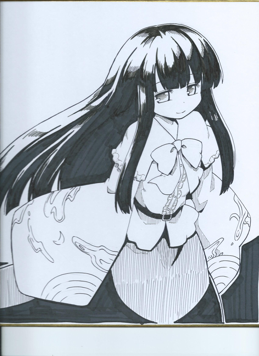 1girl arms_at_sides bangs belt blunt_bangs bow cloud_print futa4192 highres houraisan_kaguya long_hair long_sleeves looking_at_viewer monochrome photo shawl shikishi shirt sidelocks skirt sleeves_past_wrists smile solo touhou traditional_media white_background wide_sleeves