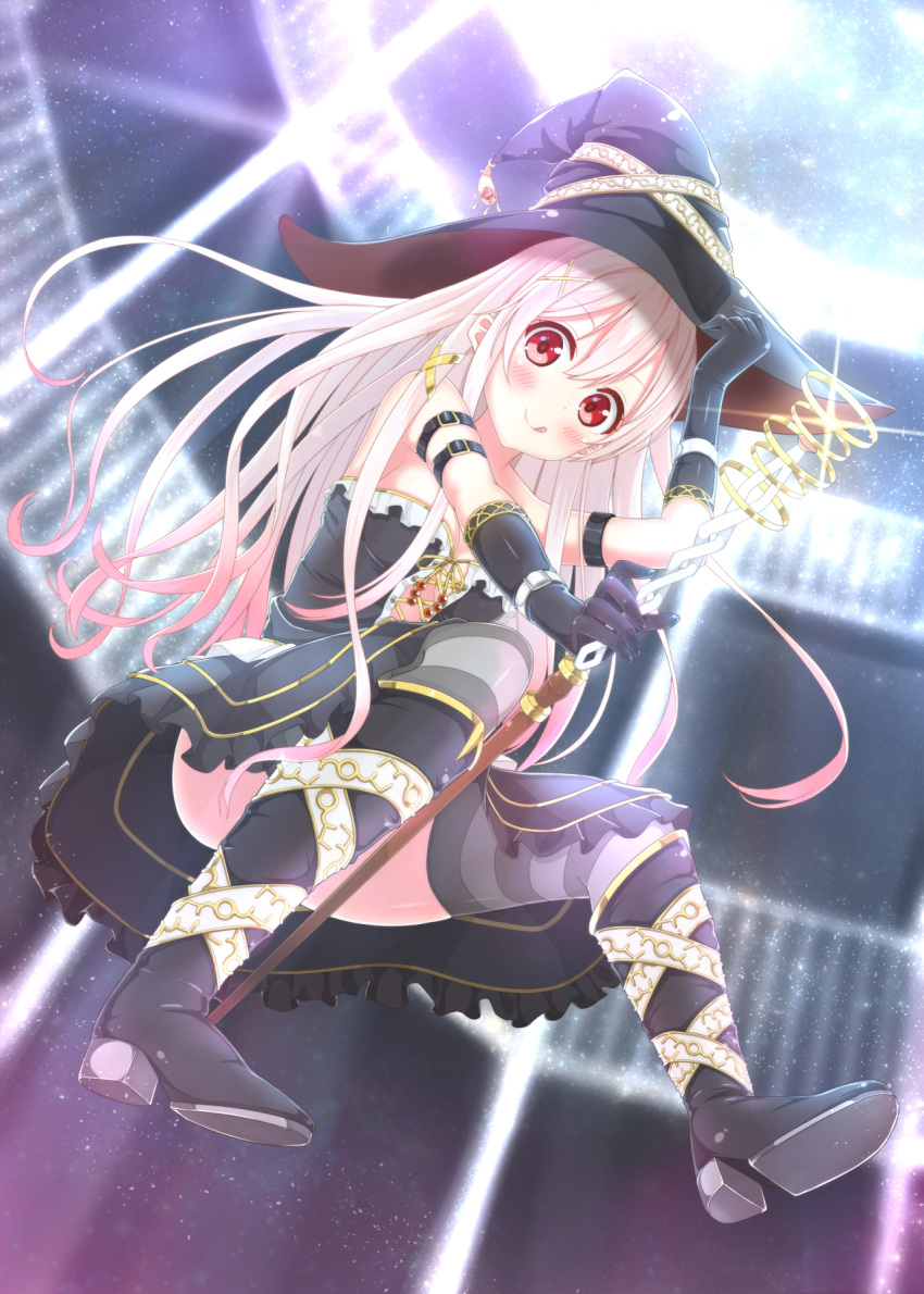 1girl black_dress black_gloves black_hat boots dress elbow_gloves fate/kaleid_liner_prisma_illya fate_(series) gloves hair_ribbon hat highres holding holding_hat illyasviel_von_einzbern karutamo long_hair looking_at_viewer red_eyes ribbon silver_hair smile solo staff strapless strapless_dress tongue tongue_out witch_hat