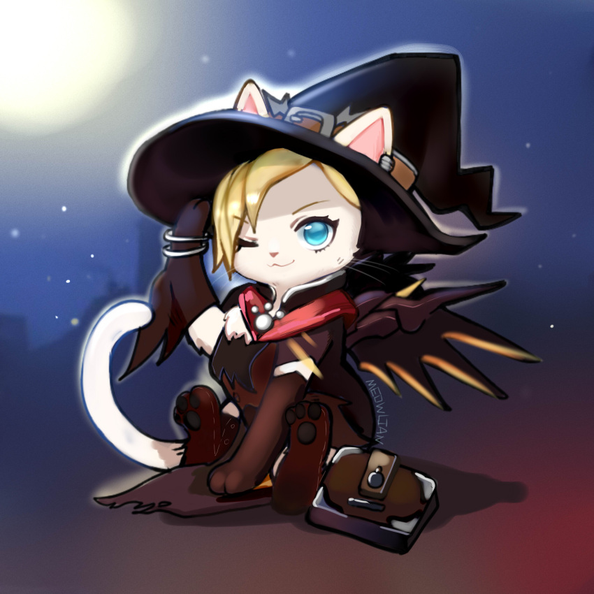 alternate_costume animalization blonde_hair blue_eyes cape cat hat highres mechanical_wings meowlian mercy_(overwatch) no_humans one_eye_closed overwatch sitting solo wings witch_hat witch_mercy