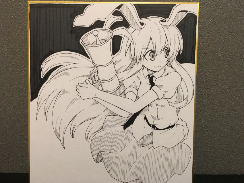1girl :3 absurdres animal_ears belt breasts bunny_tail dark_background floating_hair futa4192 gun highres holding holding_gun holding_weapon legs_together long_hair looking_to_the_side lunatic_gun medium_breasts monochrome necktie photo puffy_short_sleeves puffy_sleeves rabbit_ears reisen_udongein_inaba shikishi shirt short_sleeves sketch skirt smile solo tail touhou traditional_media weapon white_background