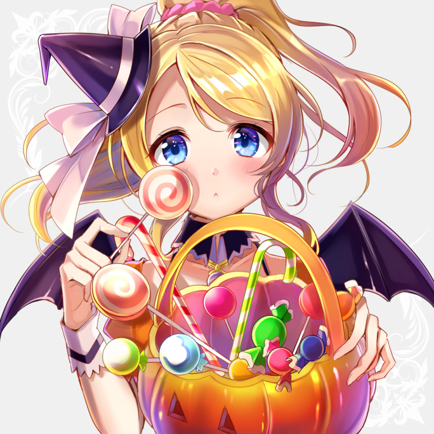 1girl :o ayase_eli bat_wings blonde_hair blue_eyes blush candy detached_collar eyebrows eyebrows_visible_through_hair grey_background halloween halloween_costume hat jack-o'-lantern looking_at_viewer love_live! love_live!_school_idol_project mini_hat mini_witch_hat ponytail satoimo_chika short_hair solo wings witch_hat