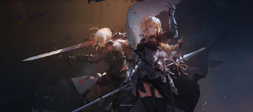 2girls armor armored_dress blonde_hair braid broken_mask dark_excalibur excalibur fate/apocrypha fate/grand_order fate/stay_night fate_(series) fighting_stance flag gauntlets hair_ribbon hand_up highres holding holding_sword holding_weapon looking_at_viewer mivit multiple_girls polearm pose ribbon ruler_(fate/apocrypha) saber saber_alter single_braid skirt sword thigh-highs tress_ribbon weapon yellow_eyes zettai_ryouiki