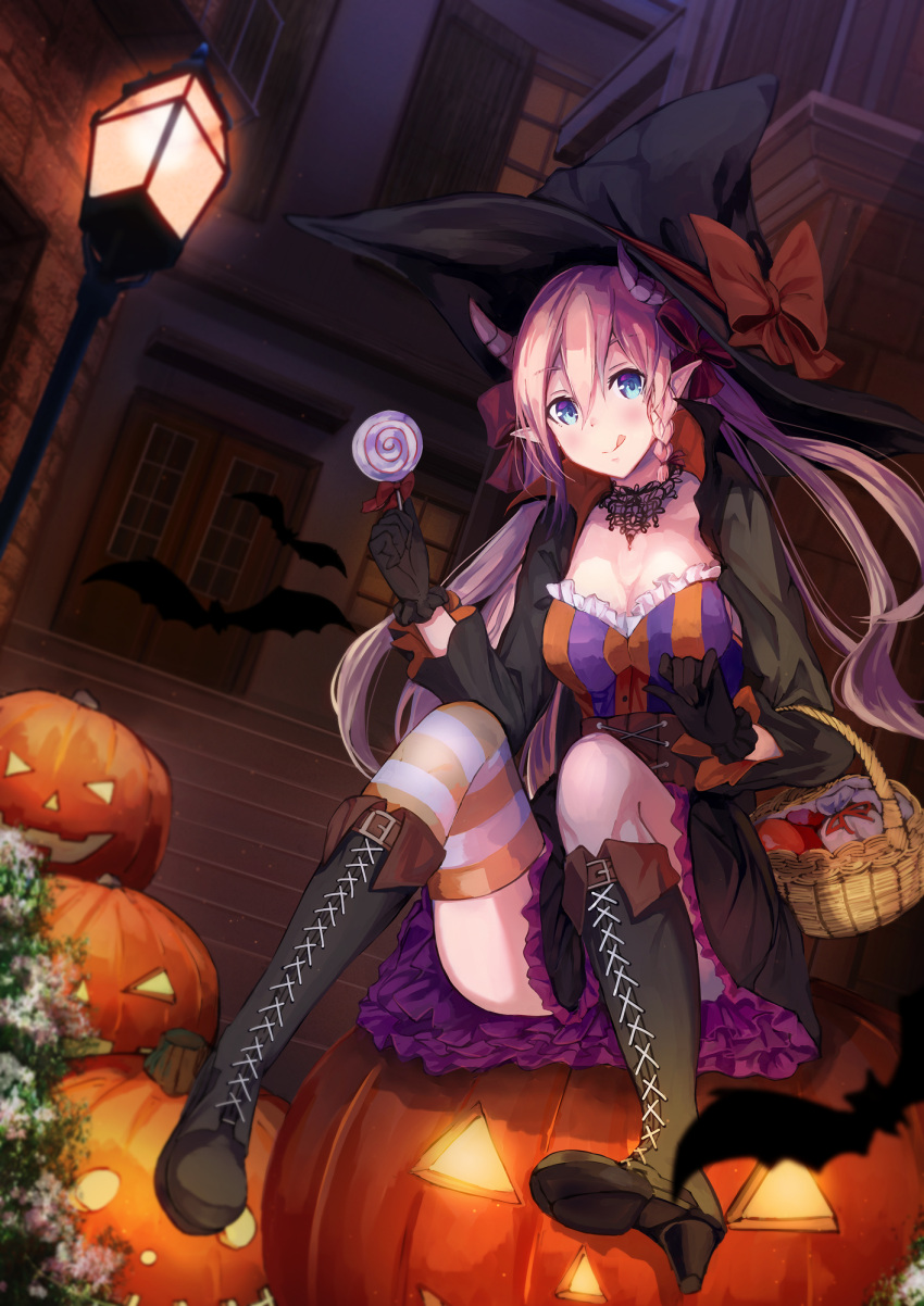 1girl :q basket bat blue_eyes boots braid breasts candy cape cleavage cross-laced_footwear demon_girl demon_horns dress frilled_skirt frills gloves halloween hat hat_ribbon highres horns jack-o'-lantern jewelry knee_boots konkito lamp layered_dress lollipop looking_at_viewer medium_breasts necklace night original outdoors pink_hair pointy_ears ribbon short_hair single_braid single_thighhigh sitting sitting_on_object skirt solo striped striped_legwear thigh-highs tongue tongue_out twintails underbust witch_hat