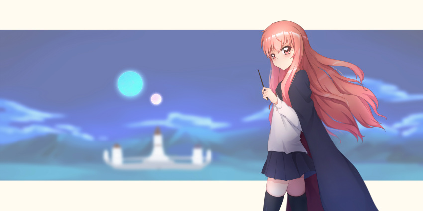 1girl absurdres black_legwear black_skirt blurry_background cape castle clouds dress_shirt highres jinji_de_guai_shushu long_hair louise_francoise_le_blanc_de_la_valliere moon mountain pink_eyes pink_hair scenery shirt skirt thigh-highs wand zero_no_tsukaima