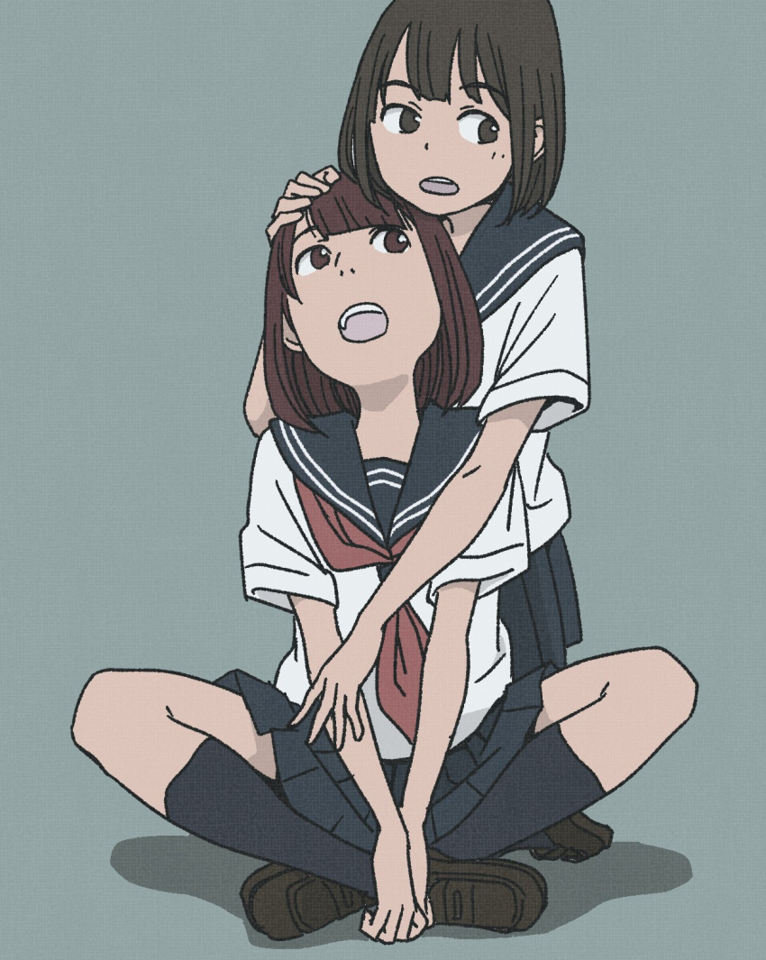 2girls aqua_background between_legs black_legwear blouse blue_sailor_collar blue_skirt brown_eyes brown_hair brown_shoes butterfly_sitting hand_on_another's_head highres hosoo hug hug_from_behind kneehighs kneeling loafers looking_to_the_side multiple_girls open_mouth original pleated_skirt red_neckerchief sailor_collar shoes short_sleeves simple_background skirt teeth v_arms white_blouse