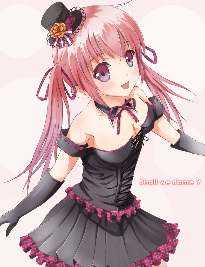 1girl absurdres black_dress black_gloves breasts brown_eyes cleavage collarbone dress elbow_gloves gloves gothic_lolita hat highres lolita_fashion long_hair mini_hat ok-ray open_mouth original pink_hair small_breasts solo twintails
