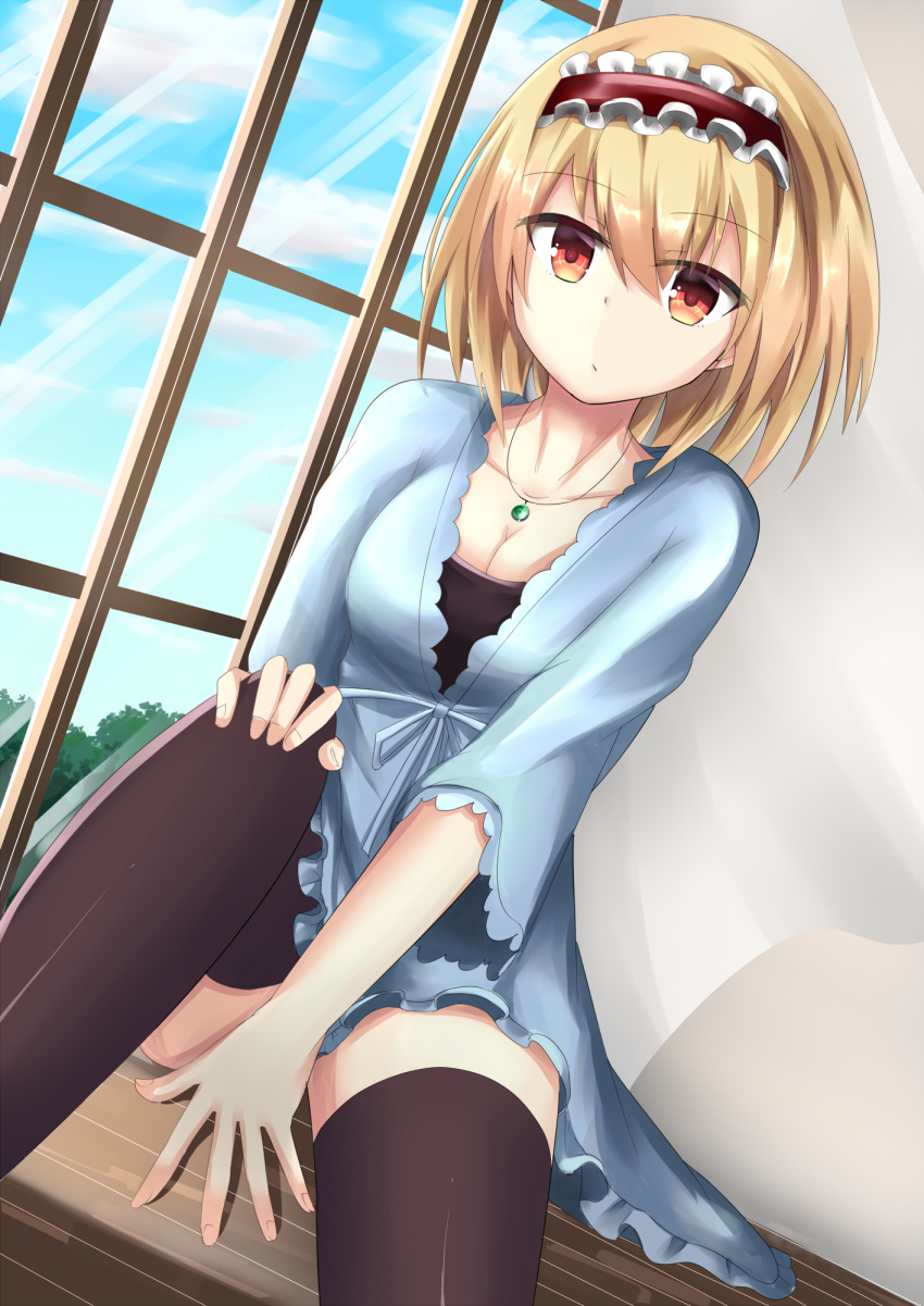 1girl alice_margatroid between_legs black_legwear blonde_hair blue_dress breasts cleavage collarbone commentary_request dress eyebrows eyebrows_visible_through_hair hairband hand_between_legs hand_on_own_knee highres jewelry long_sleeves looking_at_viewer necklace red_eyes short_hair sitting solo thigh-highs touhou window yuki_(snowmaiden)