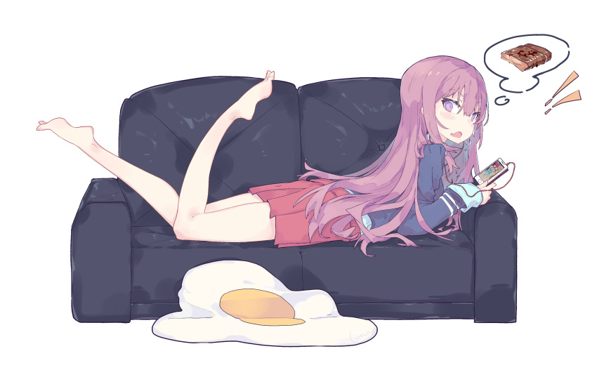 1girl cellphone couch egg highres iphone litsvn long_hair lying on_stomach open_mouth phone purple_hair skirt smartphone white_background