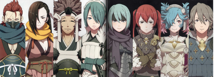3boys 5girls absurdres armor asama_(fire_emblem_if) belka_(fire_emblem_if) blue_hair breasts brown_hair cleavage closed_eyes fire_emblem fire_emblem_if gloves hair_over_one_eye headband highres japanese_clothes kagerou_(fire_emblem_if) kozaki_yuusuke lazward_(fire_emblem_if) looking_at_viewer luna_(fire_emblem_if) mask multicolored_hair multiple_boys multiple_girls ninja pieri_(fire_emblem_if) purple_hair red_eyes saizou_(fire_emblem_if) scan scar scarf serious setsuna_(fire_emblem_if) simple_background twintails