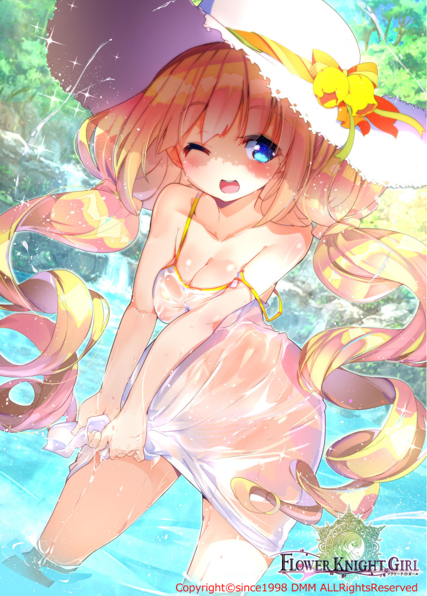 1girl blonde_hair blue_eyes breasts cleavage copyright_name cowboy_shot curly_hair flower_knight_girl fujishima-sei_ichi-gou hat highres long_hair one_eye_closed sandersonia_(flower_knight_girl) shiny shiny_skin smile solo sun_hat twintails wet wet_clothes white_hat wringing_clothes