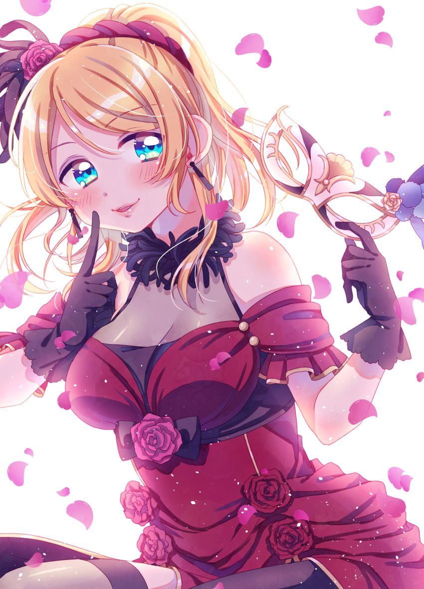 1girl absurdres ayase_eli black_gloves blonde_hair blue_eyes breasts cleavage dress earrings finger_to_cheek flower gloves hair_flower hair_ornament hairband highres hina_(hinalovesugita) jewelry large_breasts love_live! love_live!_school_idol_project mask mask_removed petals pink_rose ponytail red_dress red_rose rose see-through shoulder_cutout sidelocks sitting smile solo thigh-highs