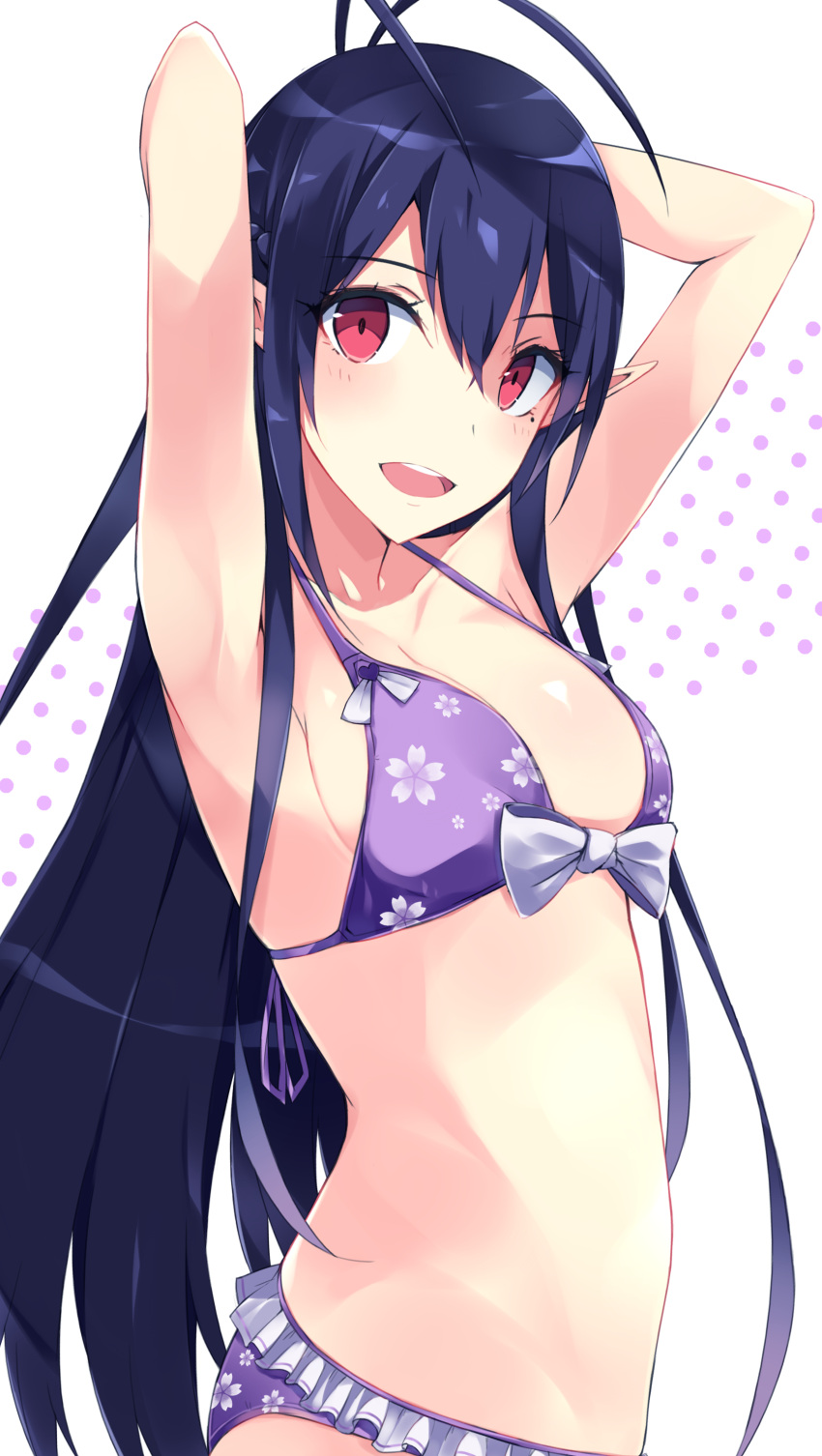 1girl absurdres antenna_hair armpits arms_behind_head arms_up bikini blue_hair bow bow_bikini breasts floral_print frilled_bikini frills from_side hair_between_eyes heart highres katori_(pso2) long_hair looking_at_viewer medium_breasts mole mole_under_eye noe_(mabue) open_mouth phantasy_star phantasy_star_online_2 pointy_ears purple_bikini red_eyes round_teeth simple_background smile solo swimsuit teeth upper_body white_background