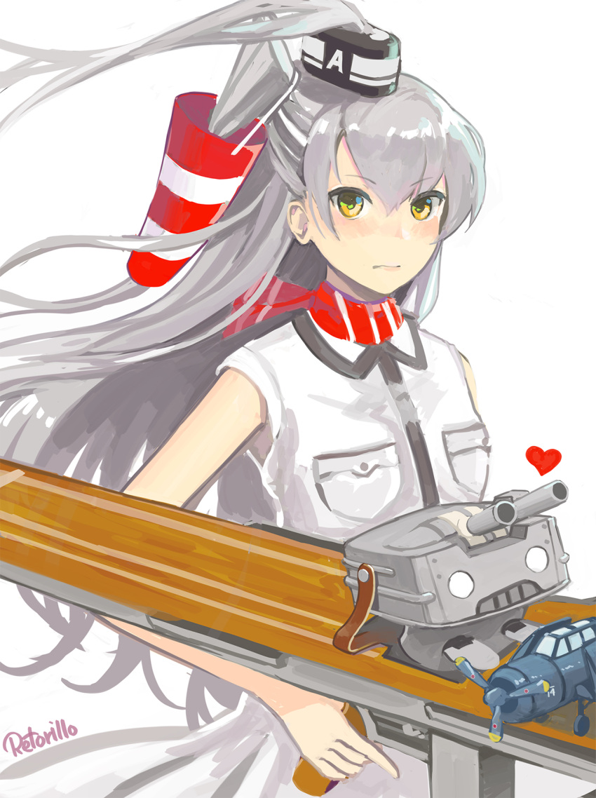 1girl aircraft airplane alternate_costume alternate_hairstyle amatsukaze_(kantai_collection) artist_name breast_pocket cannon cosplay dress flight_deck funnels hair_tubes heart highres kantai_collection long_hair machinery rensouhou-kun retorillo revision saratoga_(kantai_collection) saratoga_(kantai_collection)_(cosplay) side_ponytail silver_hair trigger_discipline turret upper_body very_long_hair white_background white_dress wind yellow_eyes