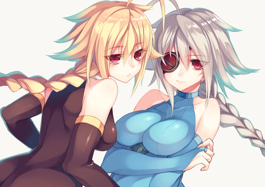 2girls bare_shoulders blazblue blonde_hair bodysuit braid breasts elbow_gloves eyepatch gloves highres himeke_ha lambda-11 multiple_girls nu-13 red_eyes silver_hair