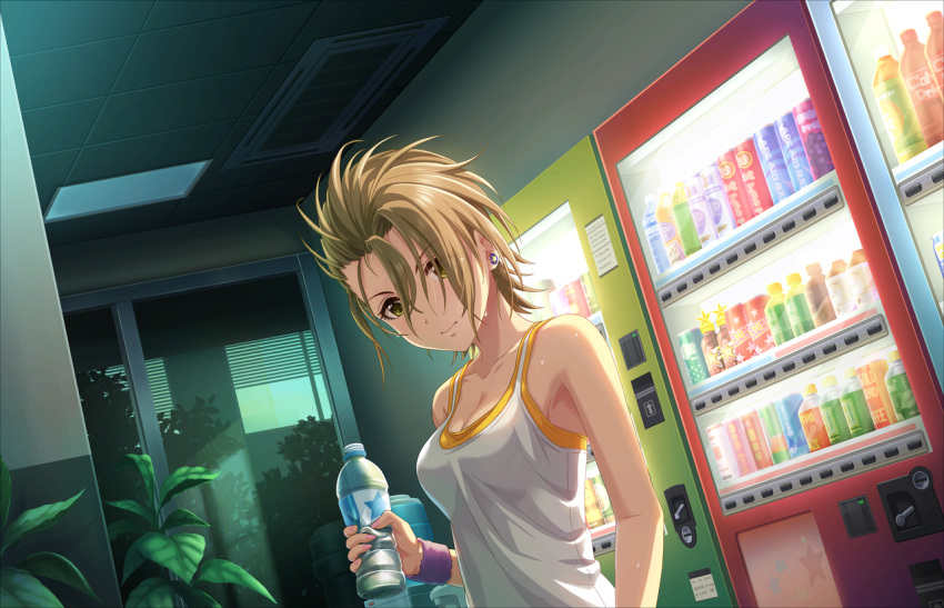 1girl artist_request bottle brown_hair drinking_fountain earrings green_eyes hair_over_eyes idolmaster idolmaster_cinderella_girls idolmaster_cinderella_girls_starlight_stage jewelry kimura_natsuki official_art plant short_hair solo tank_top tree vending_machine water_bottle wristband