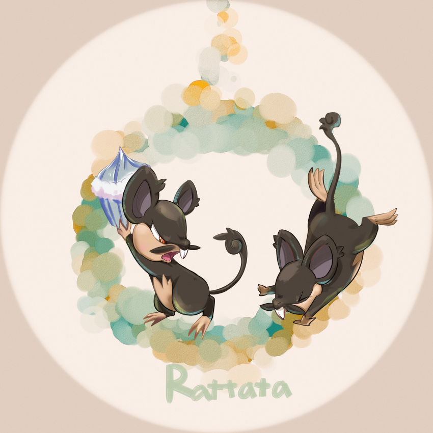 absurdres alolan_rattata animal_ears character_name closed_eyes cupcake highres kenshih mouse_ears mouse_tail no_humans open_mouth orange_eyes pokemon pokemon_(creature) pokemon_(game) pokemon_sm rattata tail teeth