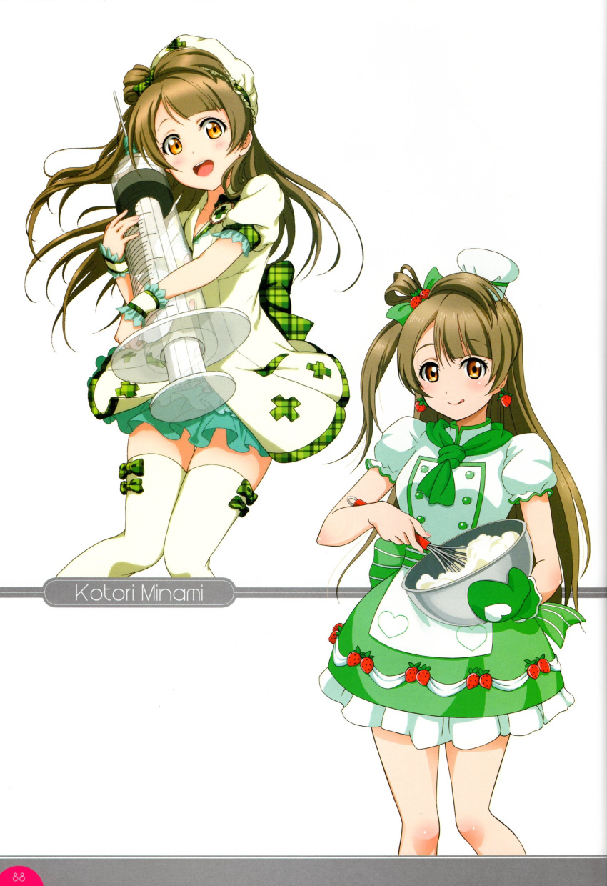 1girl absurdres bow brown_eyes brown_hair chef cream detached_sleeves dress earrings hair_bow hat highres holding jewelry long_hair love_live! love_live!_school_idol_festival love_live!_school_idol_project minami_kotori nurse open_mouth puffy_sleeves short_sleeves single_glove syringe thigh-highs wrist_cuffs zettai_ryouiki