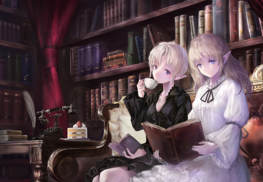 2girls black_dress black_ribbon blonde_hair blue_eyes book bookshelf breasts cake cleavage closed_mouth collarbone couch curtains dress elf food frilled_sleeves frills fruit haori_iori head_tilt holding holding_book inkwell long_hair long_sleeves looking_at_another medium_breasts multiple_girls neck_ribbon open_book original phone pointy_ears quill ribbon short_hair_with_long_locks sitting strawberry white_dress