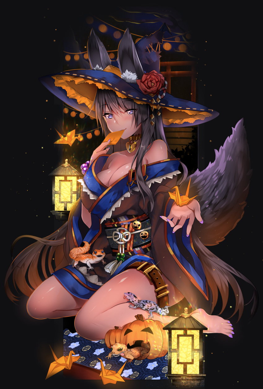 1girl animal_ears bare_shoulders barefoot black_hair breasts brown_dress choker cleavage closed_mouth dress duji_amo flower fox_ears fox_girl fox_tail full_body giving grey_eyes halloween hat hat_flower highres jack-o'-lantern japanese_clothes kimono lantern large_breasts lavender_nails lock long_hair long_sleeves looking_at_viewer obi off-shoulder_dress off_shoulder origami original padlock paper_crane red_rose rose salamander sash sidelocks sitting solo tail thigh_strap very_long_hair wide_sleeves witch_hat