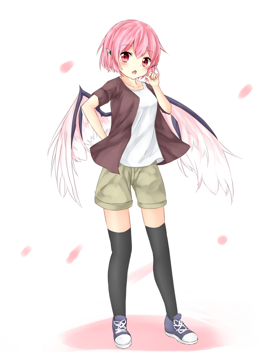 1girl alternate_costume animal_ears bird_wings black_legwear casual collarbone commentary_request contemporary fang full_body highres looking_at_viewer miki_yanagi mystia_lorelei no_hat no_headwear open_clothes open_mouth open_shirt pink_eyes pink_hair shirt shoes short_hair short_sleeves shorts solo thigh-highs touhou white_background white_shirt wings