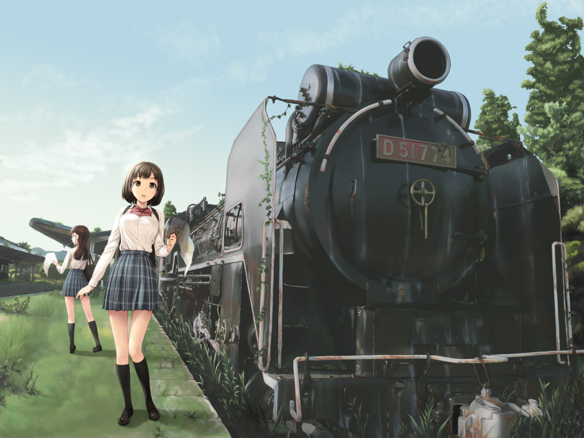 2girls black_hair black_legwear breasts brown_eyes ground_vehicle kneehighs long_hair multiple_girls open_mouth original school_uniform short_hair skirt tanaka_shoutarou train