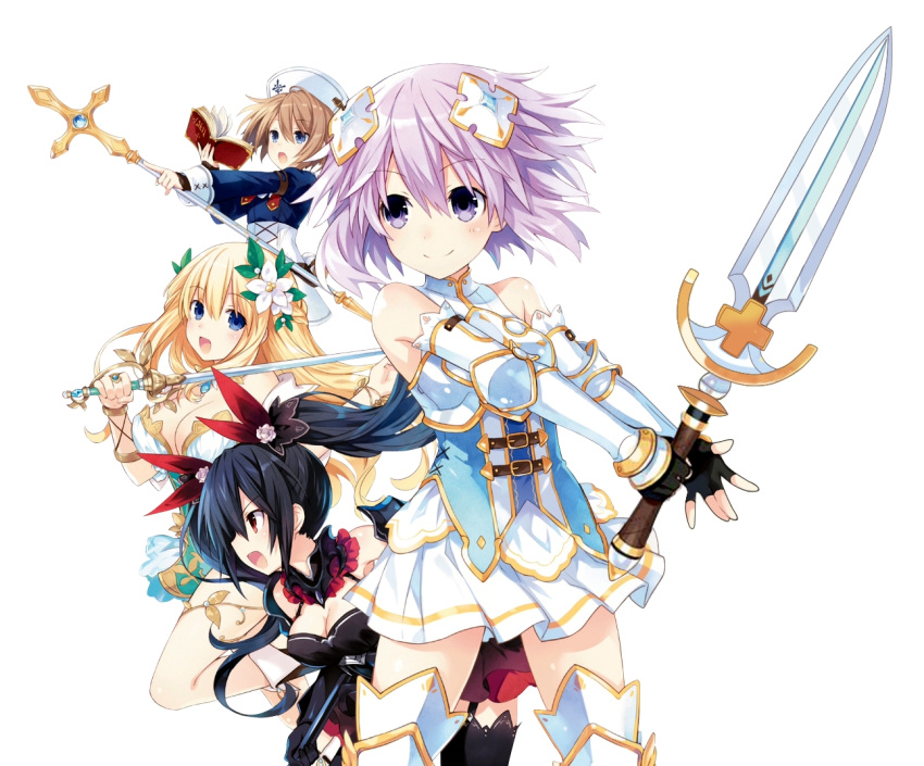 4girls armor black_hair blanc blonde_hair blue_eyes book breasts brown_hair cleavage elbow_gloves four_goddesses_online:_cyber_dimension_neptune gauntlets gloves hair_ornament hat holding holding_weapon jewelry long_hair medium_breasts multiple_girls neptune_(choujigen_game_neptune) neptune_(series) noire open_mouth polearm purple_hair rapier red_eyes short_hair smile spear staff sword tsunako twintails vert violet_eyes weapon white_background