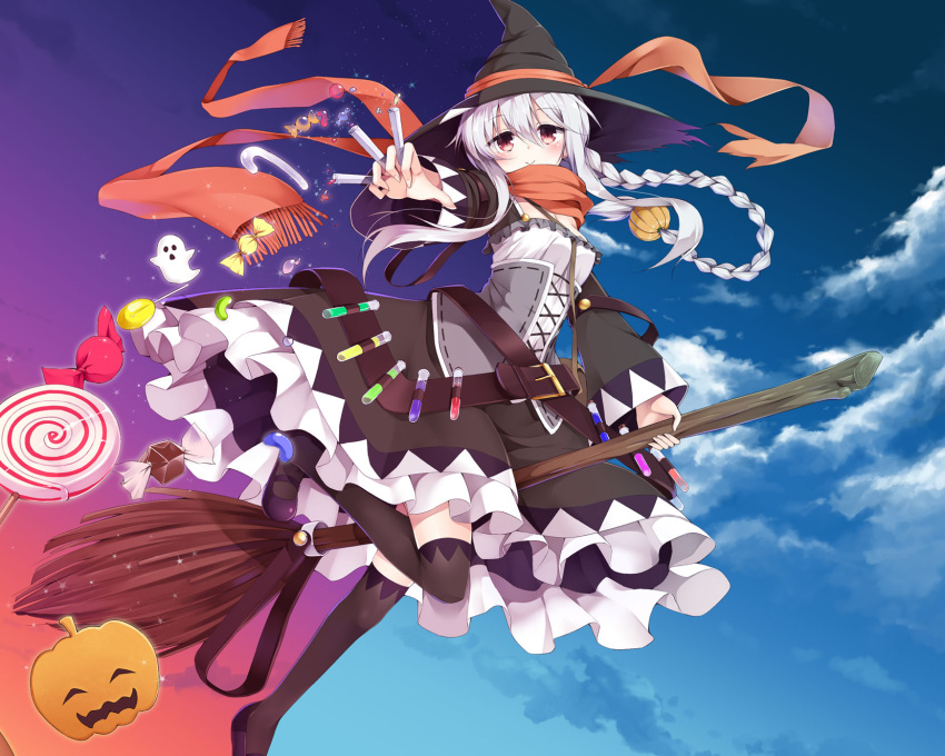 1girl bag belt black_hat black_legwear black_skirt blue_sky braid broom broom_riding candy candy_wrapper clouds cloudy_sky commentary_request corset cross-laced_clothes day east01_06 frilled_skirt frills ghost hair_between_eyes halloween hat hat_ribbon highres jack-o'-lantern jelly_bean lollipop long_hair looking_at_viewer mary_janes original outstretched_arm purple_shoes red_eyes red_ribbon red_scarf red_sky ribbon scarf shoes sidelocks silver_hair skirt sky smile solo sparkle swirl_lollipop tagme test_tube thigh-highs wide_sleeves witch witch_hat