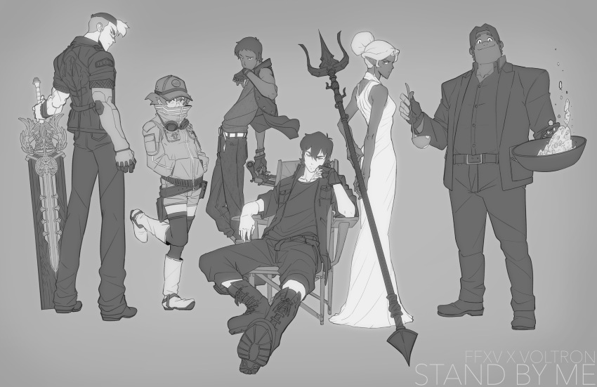 2girls 4boys boots chair cidney_aurum cidney_aurum_(cosplay) cosplay dark_skin dress final_fantasy final_fantasy_xv frying_pan gladiolus_amicitia goggles goggles_around_neck greyscale gun handgun hat highres huge_weapon hunk_(voltron) hyakujuu-ou_golion ignis_scientia ignis_scientia_(cosplay) jacket keith_(voltron) ladle lance_(voltron) looking_at_viewer lunafreya_nox_fleuret lunafreya_nox_fleuret_(cosplay) mechanical_arm monochrome multiple_boys multiple_girls noctis_lucis_caelum noctis_lucis_caelum_(cosplay) pidge_gundarsson planted_sword planted_weapon polearm princess_allura prompto_argentum prompto_argentum_(cosplay) sitting sleeveless smile steve_ahn sword takashi_shirogane thigh-highs trident voltron:_legendary_defender weapon