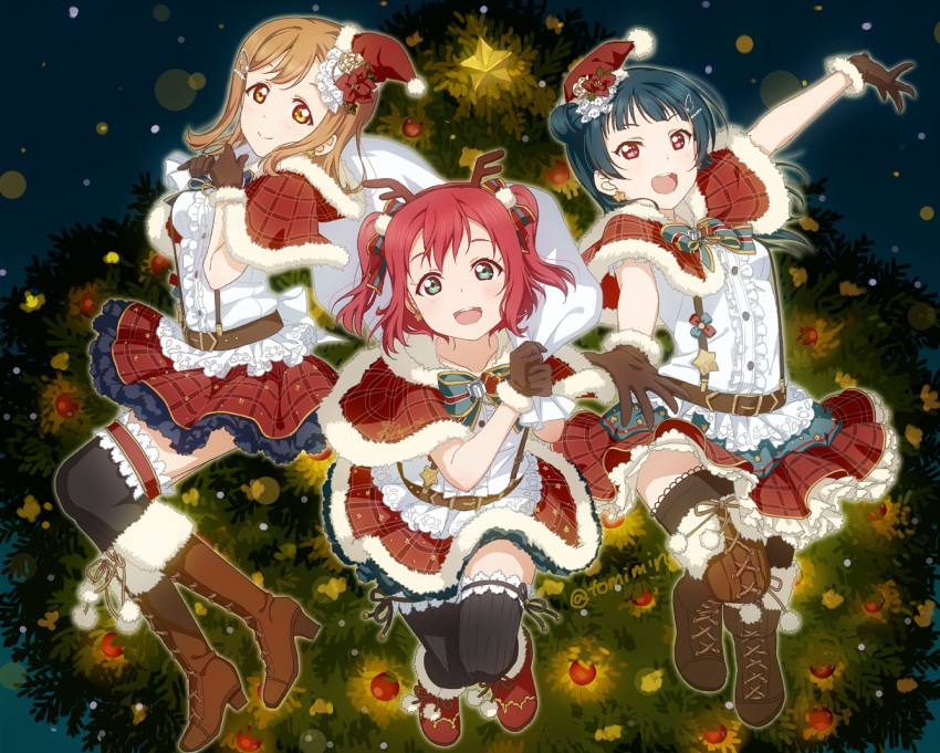 3girls :d aqua_eyes arm_up belt black_gloves black_legwear blue_hair boots bow bowtie brown_boots brown_eyes brown_hair capelet center_frills christmas christmas_ornaments christmas_tree cross-laced_footwear earrings flower fur-trimmed_boots fur-trimmed_capelet fur-trimmed_gloves garters gloves hair_bow hair_flower hair_ornament hairpin hands_together hat high_heel_boots high_heels jewelry jingle_bells_ga_tomaranai jumping kunikida_hanamaru kurosawa_ruby long_hair looking_at_viewer love_live! love_live!_sunshine!! multiple_girls night open_mouth outstretched_hand over_shoulder poinsettia pom_pom_(clothes) redhead sack santa_hat skirt smile star star_earrings striped striped_bow striped_bowtie suspenders thigh-highs thigh_boots tomiwo tsushima_yoshiko two_side_up violet_eyes wing_hair_ornament