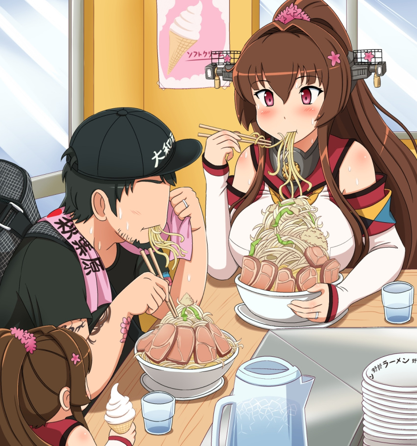 1boy 2girls baseball_cap bowl breasts brown_hair chopsticks commentary_request eating flower food glass hair_between_eyes hair_flower hair_ornament hat highres ice_cream_cone jewelry kantai_collection ko-yamato large_breasts long_hair multiple_girls noodles pitcher ramen ring shin'en-san shin'en_(gyokuro_company) translation_request very_long_hair violet_eyes wedding_ring yamato_(kantai_collection)