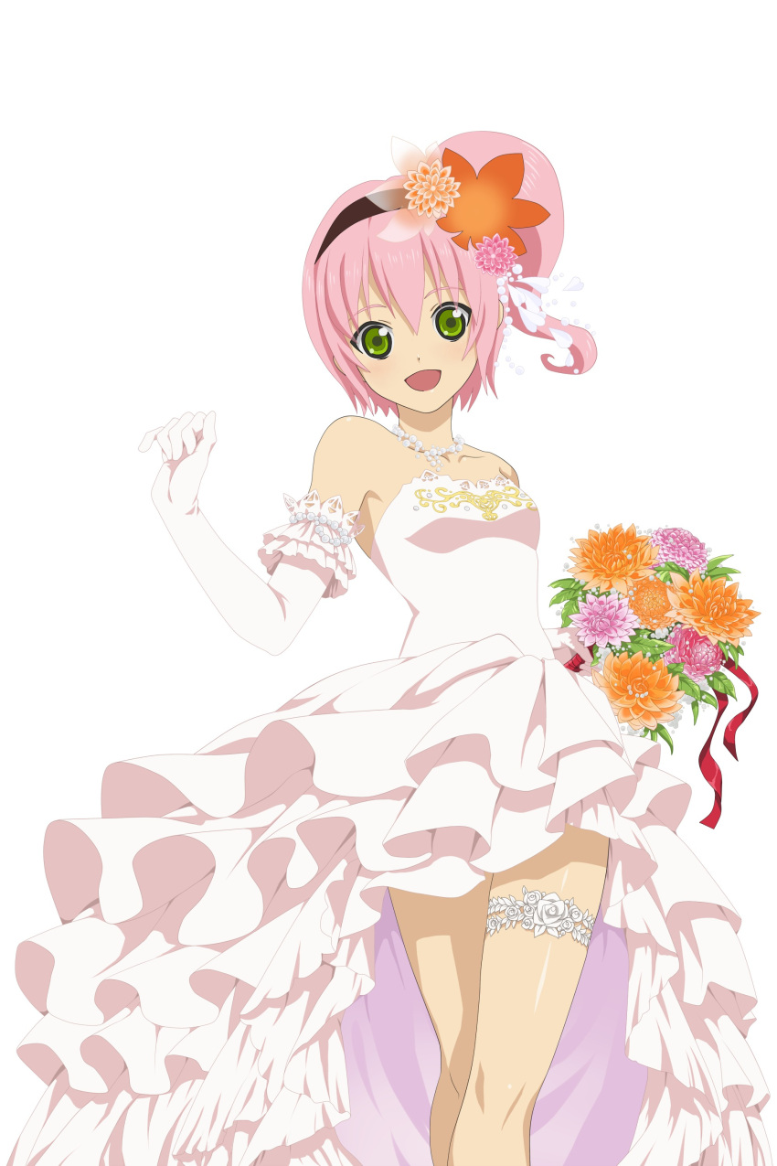 1girl absurdres bouquet dress elbow_gloves flower frilled_skirt frills gloves hair_flower hair_ornament hairband highres holding jewelry kanonno_earhart long_hair necklace official_art open_mouth pink_hair side_ponytail simple_background skirt solo strapless strapless_dress tales_of_(series) tales_of_the_world_radiant_mythology_2 thigh_strap white_background white_dress white_gloves