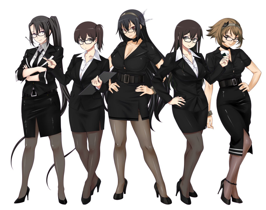 5girls akagi_(kantai_collection) alternate_costume belt belt_buckle bespectacled black_hair black_skirt blouse breasts brown_hair buckle cleavage collar collarbone crossed_arms glasses hands_on_hips headband high_heels highres kaga_(kantai_collection) kantai_collection large_breasts long_hair long_sleeves multiple_girls mutsu_(kantai_collection) nachi_(kantai_collection) nagato_(kantai_collection) odd_one_out office_lady pantyhose short_sleeves shoumaru_(gadget_box) simple_background skirt white_blouse