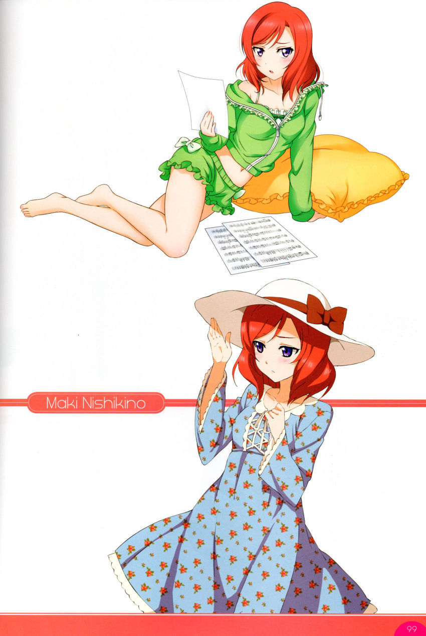 1girl absurdres blush bow detached_sleeves dress floral_print hat highres holding jacket love_live! love_live!_school_idol_festival love_live!_school_idol_project lying midriff nishikino_maki on_side pillow redhead ribbon scan sheet_music short_hair shorts simple_background violet_eyes white_background