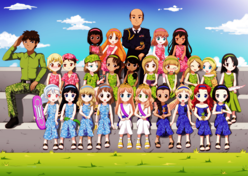 20girls 21girls 2boys 3boys 6+girls bbmbbf black_hair blonde_hair blue_eyes braid brown_eyes brown_hair camouflage dress feather green_eyes group_photo hairband hoverboard long_hair man men original_character pigtails pineapple pink_eyes ponytail princess raygun redhead rubiks_cube sandals short_hair smile sword transgender twintails woman