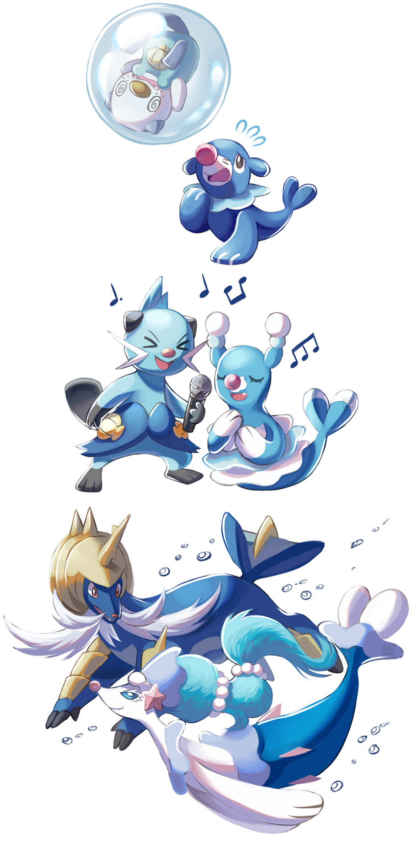 air_bubble brionne bubble conmimi dewott evolution facial_hair fins highres horns microphone music musical_note mustache oshawott otter pokemon pokemon_(creature) pokemon_(game) pokemon_bw pokemon_sm popplio samurott seal singing swimming tail tail_fin