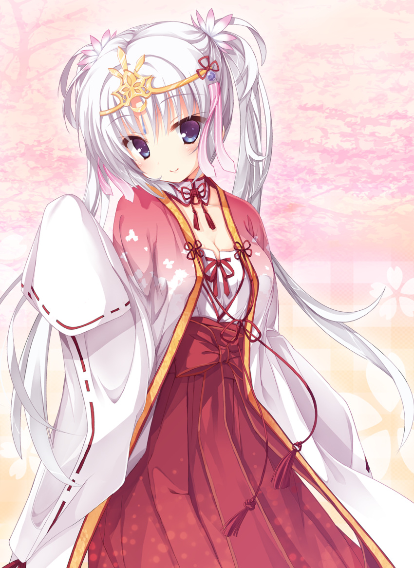 1girl blue_eyes breasts chaamii cleavage collarbone diadem eyebrows eyebrows_visible_through_hair hair_ornament highres japanese_clothes lace-trimmed_sleeves long_hair looking_at_viewer medium_breasts red_hakama senren_banka silver_hair smile solo tomotake_yoshino twintails