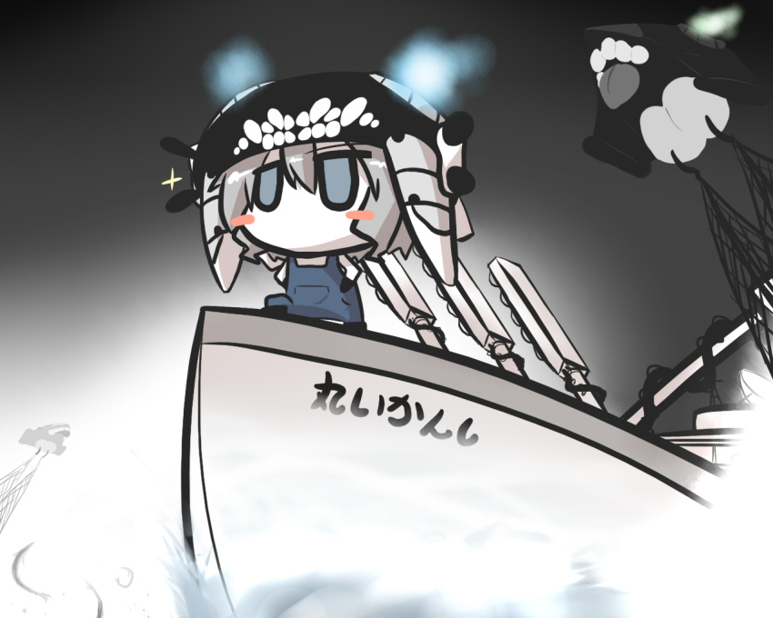 1girl blue_eyes blush_stickers boat chibi commentary_request enemy_aircraft_(kantai_collection) fishing fishing_net gomasamune grey_hair hands_on_hips hat kantai_collection knee_up lights night overalls radar_dish sketch sparkle translation_request watercraft wo-class_aircraft_carrier