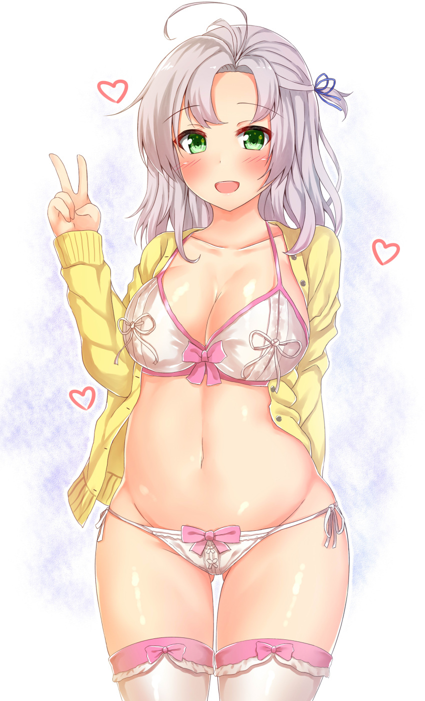 1girl absurdres ahoge bra breasts green_eyes highres jacket kantai_collection kinugasa_(kantai_collection) large_breasts lingerie looking_at_viewer navel open_mouth panties pikatchi remodel_(kantai_collection) shiny shiny_skin silver_hair simple_background solo thigh-highs underwear v white_background white_bra white_panties yellow_jacket