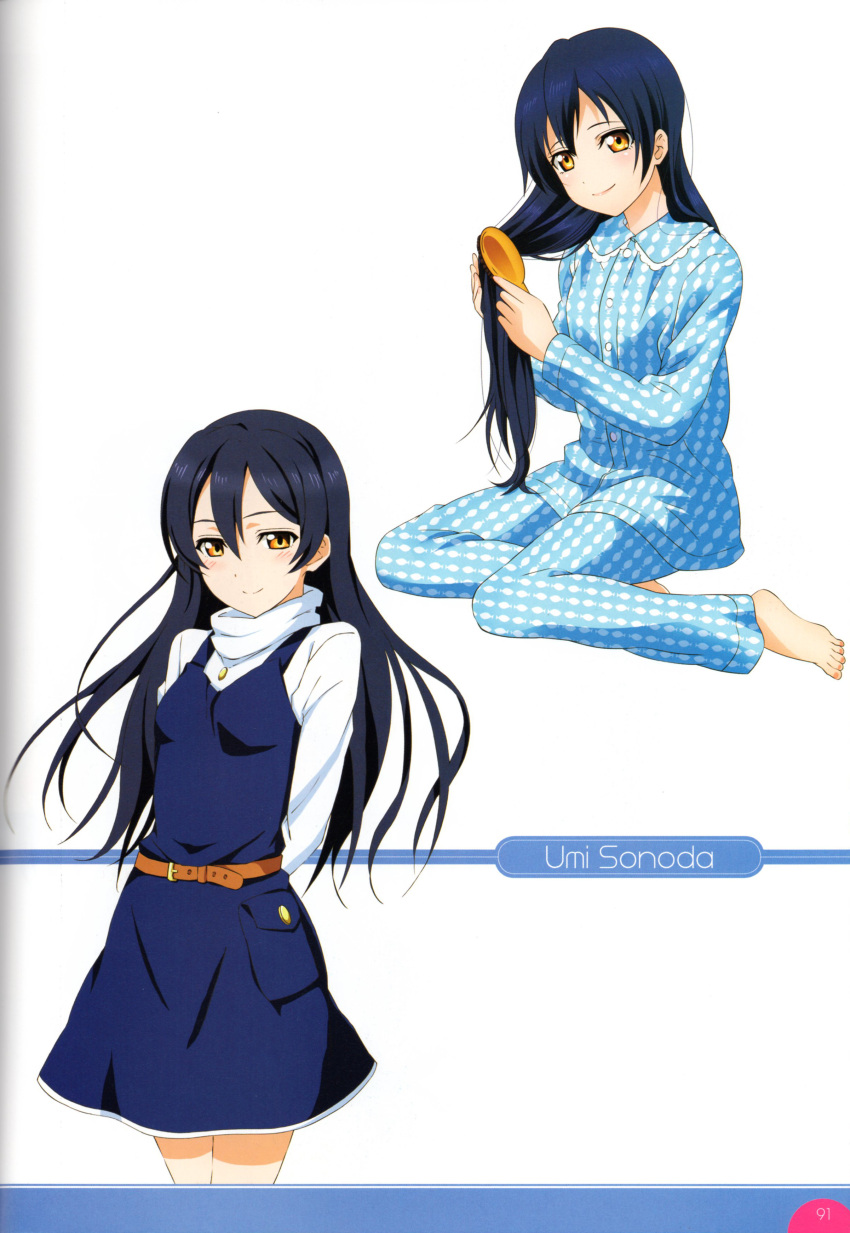 1girl absurdres arms_behind_back blue_hair blush brown_eyes comb dress highres jewelry looking_at_viewer love_live! love_live!_school_idol_festival love_live!_school_idol_project pajamas polka_dot_pajamas scan short_dress simple_background sitting smile sonoda_umi turtleneck white_background