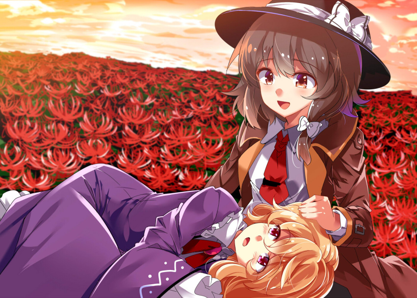 2girls black_hat blonde_hair blush bow brown_eyes brown_hair brown_jacket dress e.o. eyebrows eyebrows_visible_through_hair field flower flower_field frilled_shirt_collar frilled_sleeves frills hair_between_eyes hair_bow hair_ribbon hand_on_another's_head hat hat_bow hat_ribbon long_sleeves lying lying_on_lap maribel_hearn multiple_girls necktie on_side open_mouth orange_sky pin purple_dress red_necktie ribbon shirt sky smile spider_lily touhou tress_ribbon usami_renko violet_eyes white_bow white_ribbon white_shirt wide_sleeves
