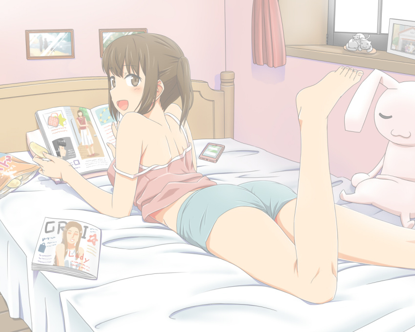 1girl :d ass back barefoot bed blush brown_hair camisole leg_up looking_at_viewer looking_back lying magazine on_bed on_stomach open_mouth original potato_chips short_hair short_shorts short_twintails shorts sidelocks smile solo strap_slip stuffed_animal stuffed_bunny stuffed_toy twintails uma_(uma1111)