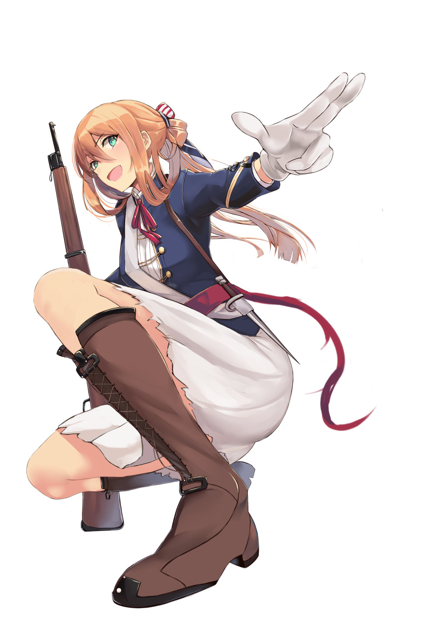 1girl :d absurdres boots brown_boots brown_hair girls_frontline gloves green_eyes gun hair_rings highres i.f.s.f knee_boots long_hair m1903_springfield m1903_springfield_(girls_frontline) military military_uniform open_mouth ponytail rifle skirt smile solo uniform weapon white_background white_gloves white_skirt