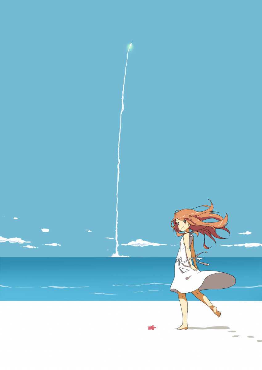 1girl arms_behind_back barefoot beach brown_eyes brown_hair closed_mouth clouds day dress footprints from_side highres kneepits liftoff long_hair original outdoors own_hands_together rocket samnedar sky sleeveless sleeveless_dress smile solo starfish sundress water wind