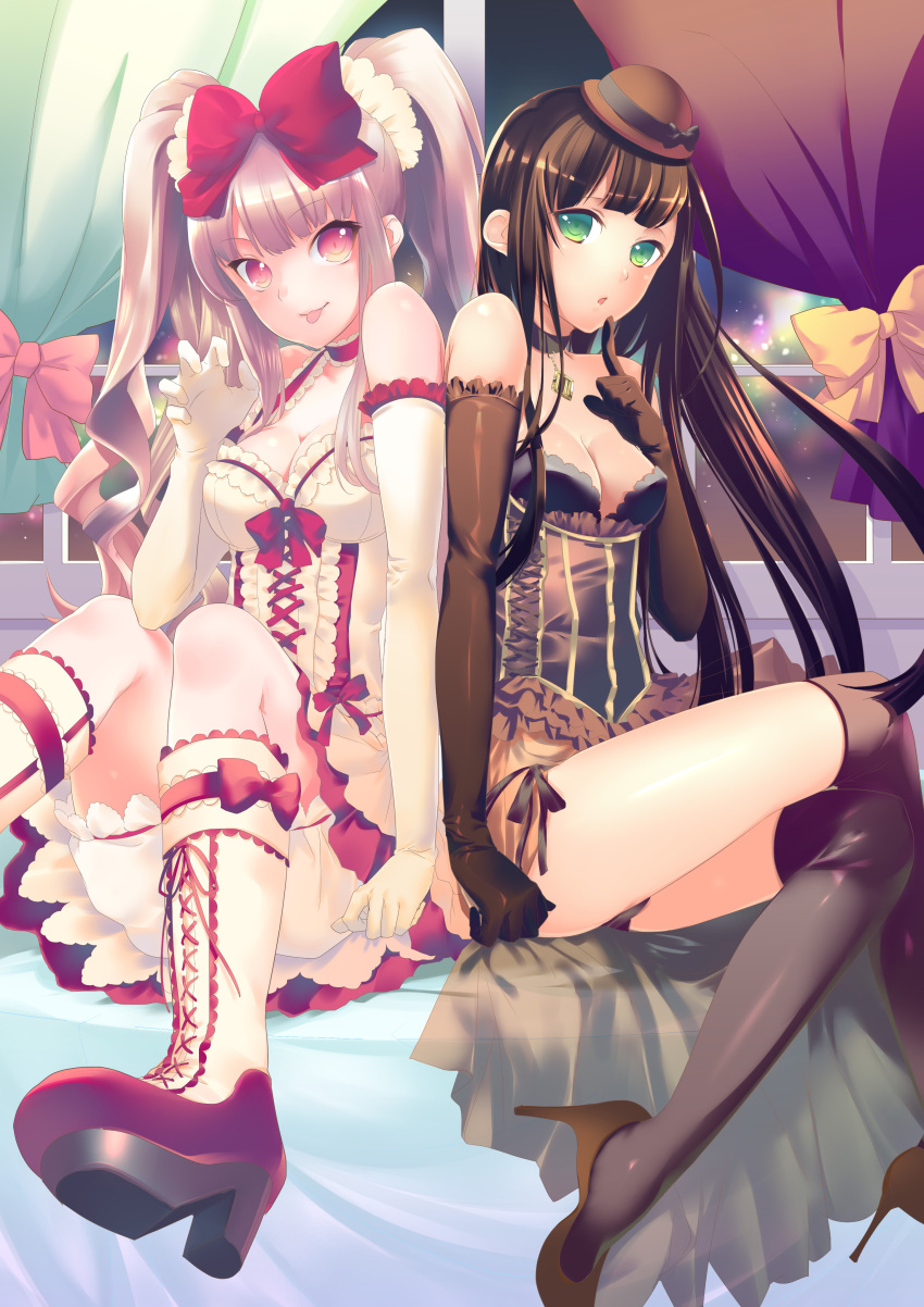2girls absurdres black_gloves boots bow breasts brown_hair chocolate choker cleavage commentary_request elbow_gloves finger_to_mouth food fruit gloves green_eyes hair_bow hat hatsuharu highres long_hair multiple_girls original personification pink_eyes silver_hair strawberry thigh-highs tongue tongue_out twintails white_gloves
