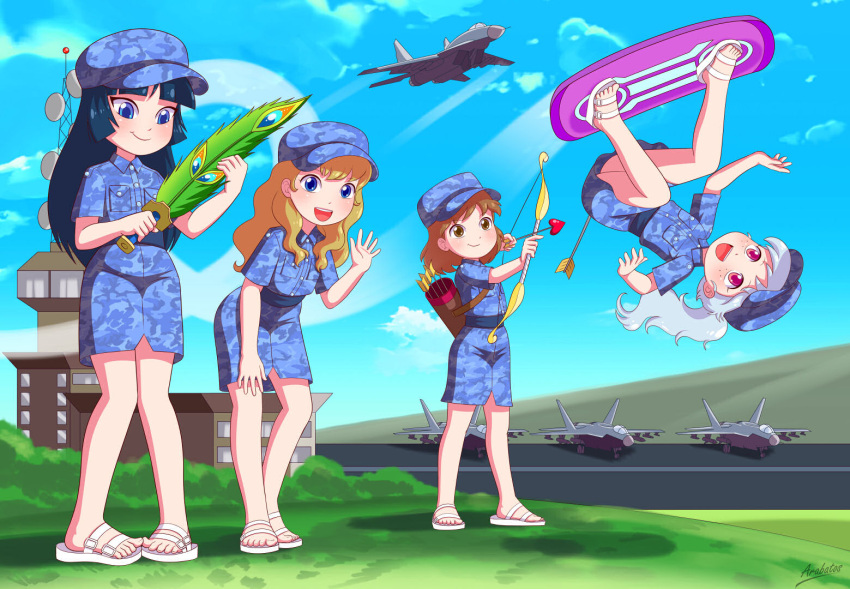 4girls arrow baseball_cap blonde_hair blue_hair bow_(weapon) brown_hair dress feather heart hoverboard long_hair original_character peacock_feather pigeon_toed ponytail sandals short_hair smile sword upside_down white_hair